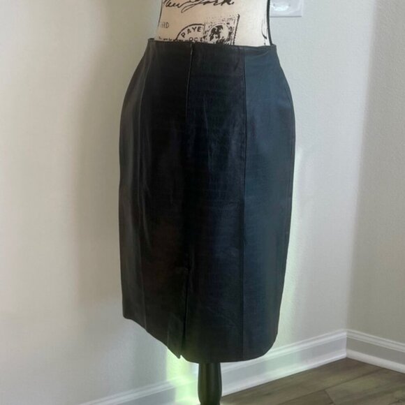 GENUINE BLACK LEATHER COCODRILE STAMP MIDI PENCIL SKIRT SZ 8 PREPPY EMO GOTHIC - Picture 14 of 16